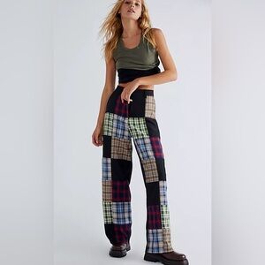 Free People The Ragged Priest Error Plaid Patchwork Straight Leg Trousers Sz 8